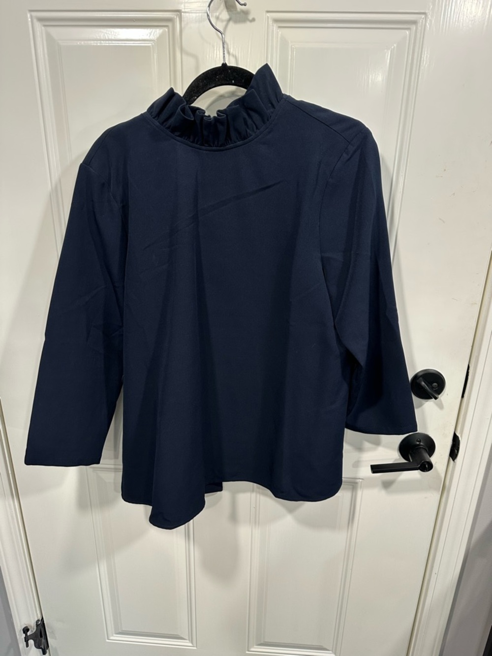 Tuckernuck Navy Long Sleeve Top Ruffled neck with tie back